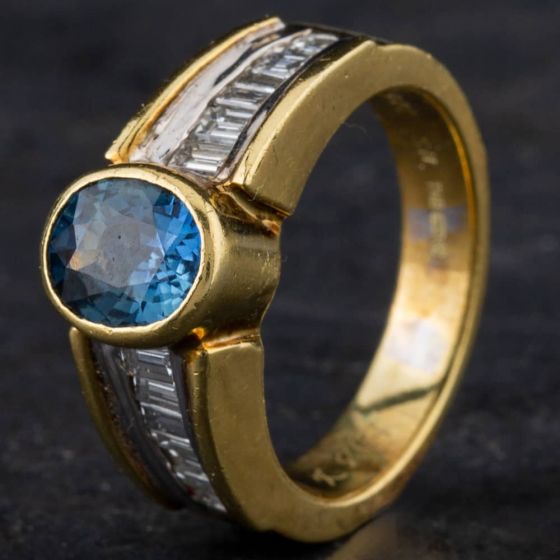 Second Hand 18ct Two Colour Gold 1.50ct Sapphire & 0.70ct Baguette Cut Diamond Band Ring 4336008