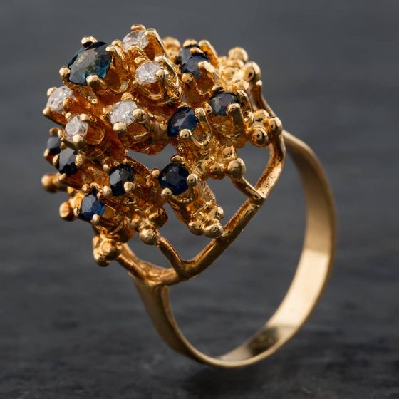 Second Hand 9ct Yellow Gold Sapphire & Brilliant Cut Diamond Fancy Multi Tiered Cluster Ring 4336024