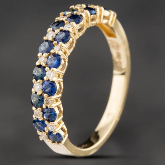 Second Hand 14ct Yellow Gold 0.91ct Sapphire & 0.16ct Brilliant Cut Diamond Two Row Half Eternity Ring 4336034