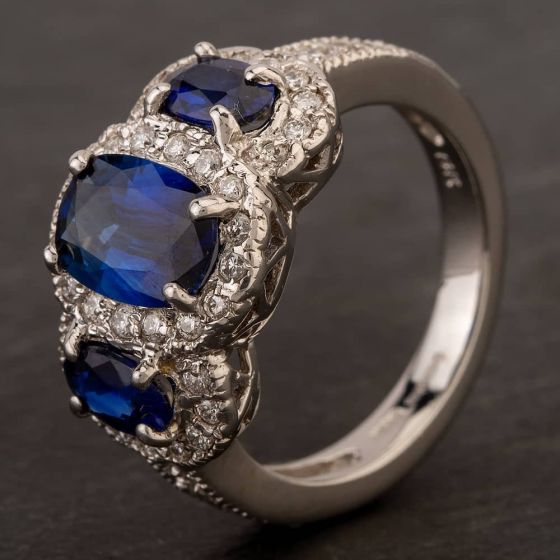Second Hand 18ct White Gold 2.40ct Sapphire & 0.45ct Diamond Trilogy Ring 4336041