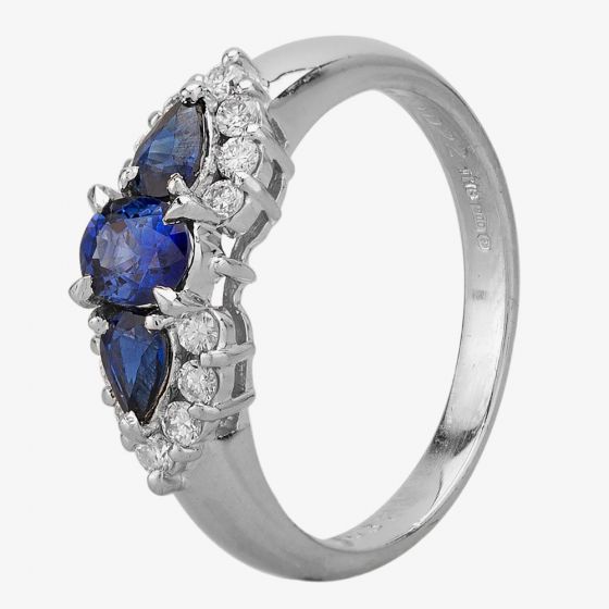 Second Hand Platinum Three Stone 0.75ct Sapphire & 0.20ct Diamond Cluster Ring 4336054