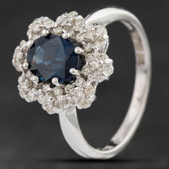 Second Hand 18ct White Gold 1.82ct Sapphire & 0.48ct Brilliant Cut Diamond Oval Cluster Ring 4336058