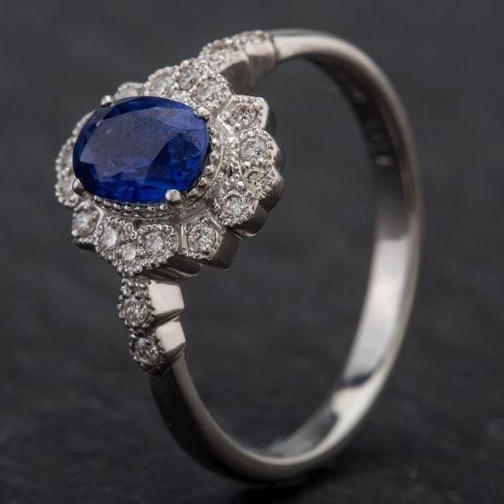 Second Hand Platinum 1.01ct Sapphire & 0.16ct Diamond Cluster Ring 4336091