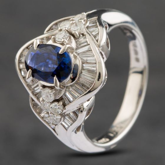 Second Hand Platinum 0.80ct Sapphire & 1.23ct Brilliant Cut Diamond Oval Cluster Ring 43361014