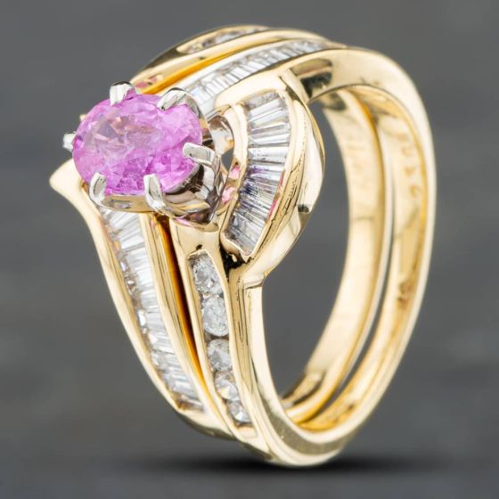 Second Hand 14ct Yellow Gold Oval Cut Pink Sapphire & 0.33ct Diamond Bridal Set Ring 43361033