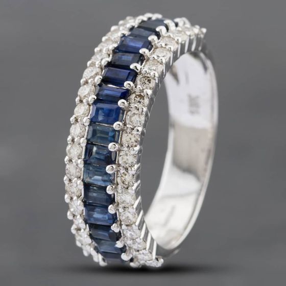 Second Hand 18ct White Gold Emerald Cut Sapphire & Brilliant Cut Diamond Three Row Ring 43361084