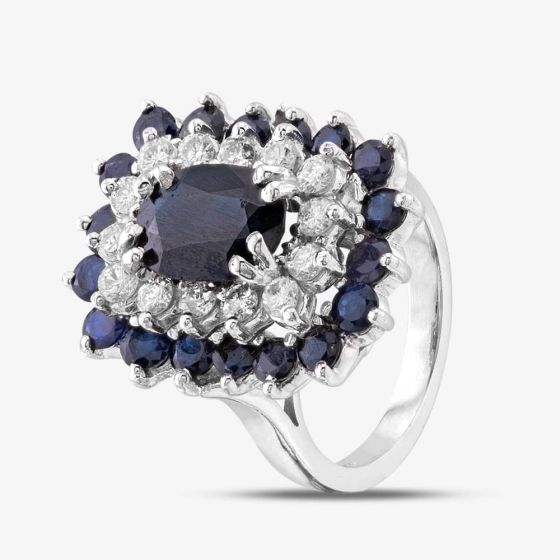 Second Hand 9ct White Gold Sapphire & Brilliant Cut Diamond Rectangular Cluster Ring 43361096
