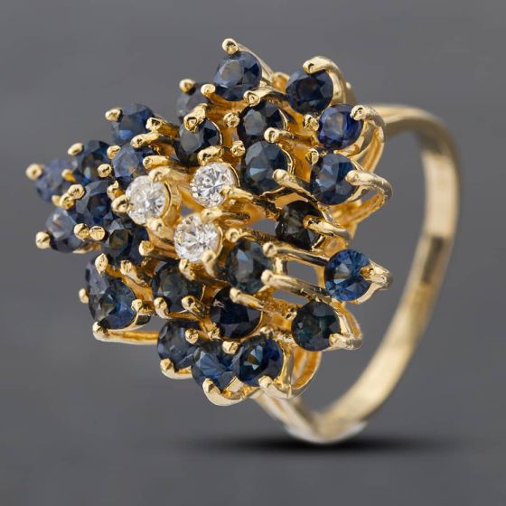 Second Hand 9ct Yellow Gold Sapphire & Brilliant Cut Diamond Fancy Heart Shape Cluster Ring 43361097
