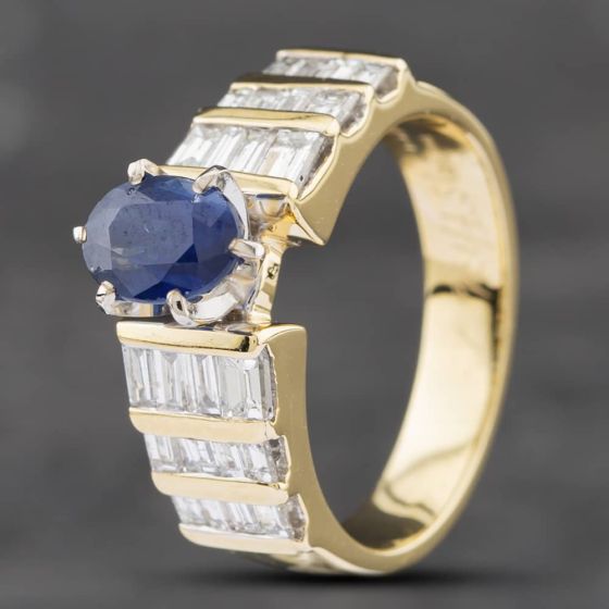 Second Hand 14ct Yellow Gold Oval Cut Sapphire & 1.00ct Baguette Cut Diamond Dress Ring 43361102