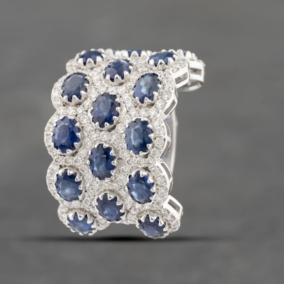 Second Hand 14ct White Gold Sapphire & 1.33ct Diamond Three Row Multi Cluster Ring 43361144