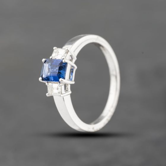 Second Hand 18ct White Gold 1.08ct Sapphire & 0.30ct Emerald Cut Diamond Three Stone Ring 43361146