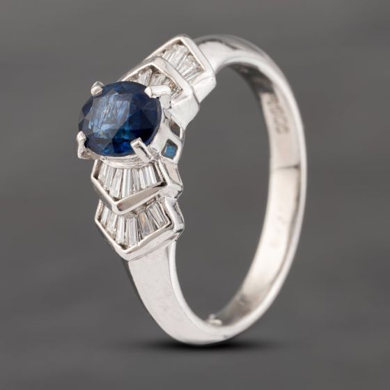 Second Hand Platinum 0.83ct Sapphire & 0.19ct Baguette Cut Diamond Dress Ring 43361155