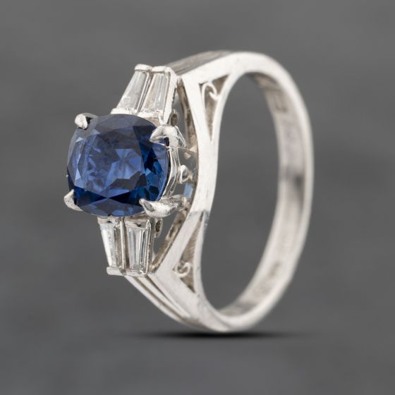 Second Hand Platinum Sapphire & 0.22ct Baguette Cut Diamond Oval Dress Ring 43361160