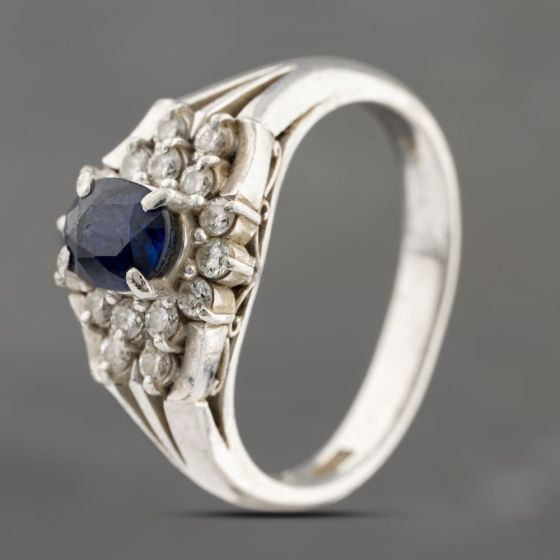Second Hand Platinum 0.88ct Sapphire & 0.33ct Brilliant Cut Diamond Oval Cluster Ring 43361173