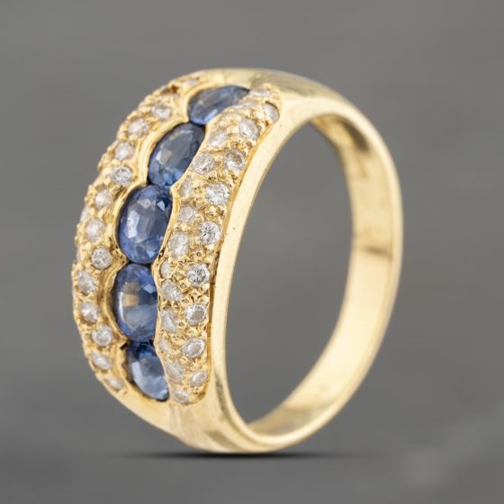 Second Hand 18ct Yellow Gold Sapphire & 0.50ct Brilliant Cut Diamond Graduated Three Row Ring 43361197