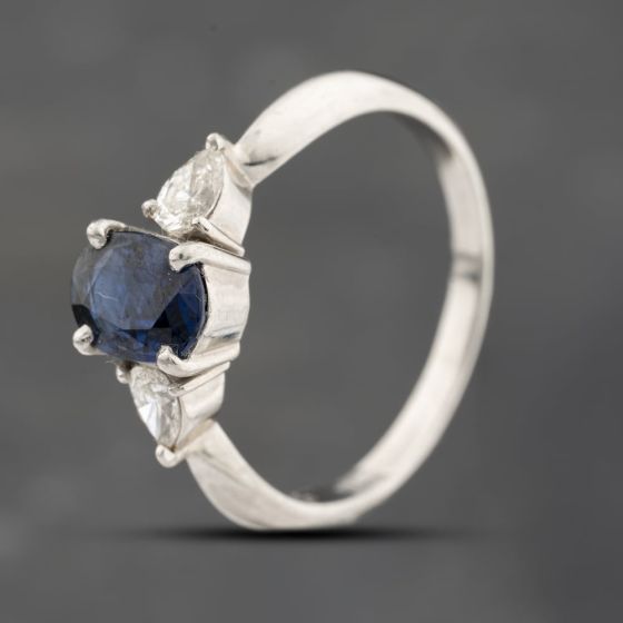 Second Hand Platinum 1.29ct Sapphire & 0.35ct Pear Cut Diamond Oval Three Stone Ring 43361207