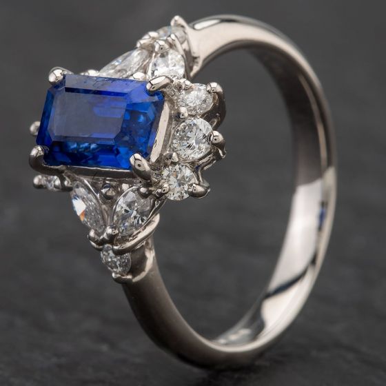 Second Hand Platinum Emerald Cut 1.75ct Sapphire & 0.50ct Diamond Cluster Ring 4336129