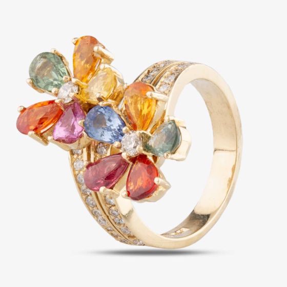 Second Hand 14ct Yellow Gold 4.39ct Multi Coloured Sapphire & 0.71ct Diamond Double Flower Crossover Ring 4336134