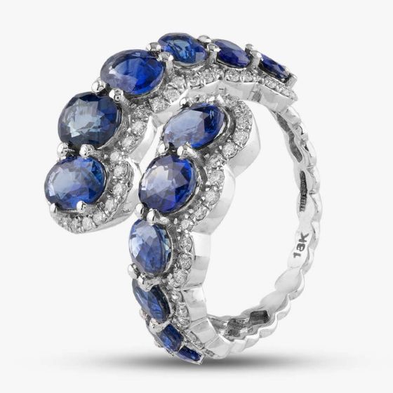 Second Hand 18ct White Gold Sapphire & Brilliant Cut Diamond Cross Over Multi Cluster Ring 433615634