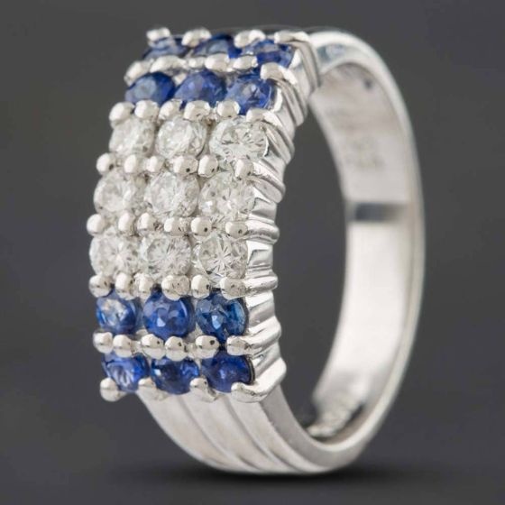 Second Hand Platinum 0.77ct Sapphire & 0.56ct Brilliant Cut Diamond Three Row Ring 433615728