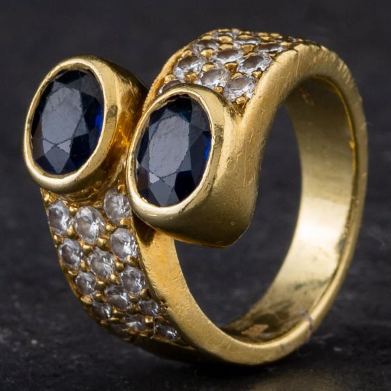 Second Hand 18ct Yellow Gold 2.40ct Sapphire & 0.86ct Brilliant Cut Diamond 3 Row Cross Over Ring 4336224