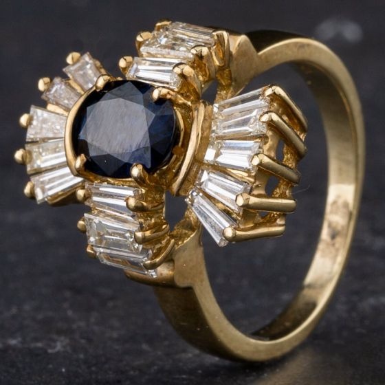Second Hand 14ct Yellow Gold 1.30ct Sapphire & 1.00ct Baguette Cut Diamond Ring 4336242