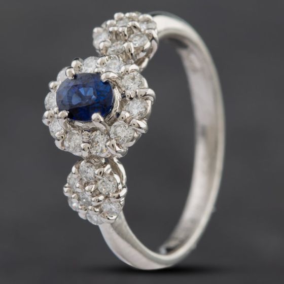 Second Hand Platinum 0.40ct Sapphire & 0.40ct Brilliant Cut Diamond Triple Cluster Ring 4336292