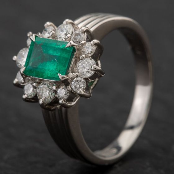 Second Hand Platinum 0.74ct Emerald & 0.51ct Diamond Cluster Ring 4337035