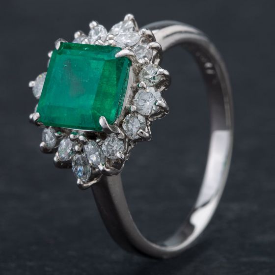 Second Hand Platinum Square Cut 1.98ct Emerald & 0.60ct Diamond Cluster Ring 4337059