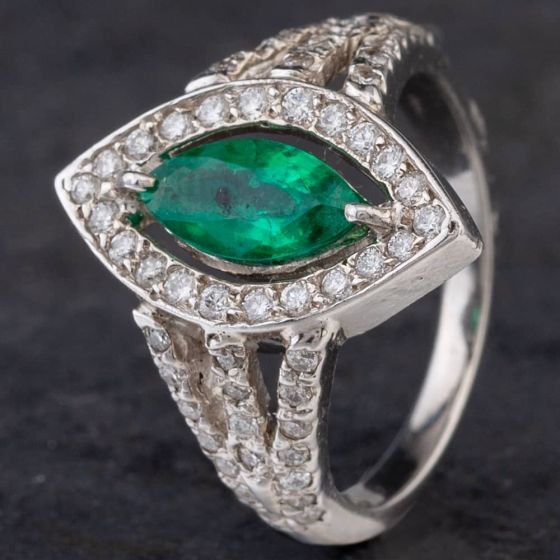 Second Hand 14ct White Gold 0.94ct Emerald & 0.37ct Diamond Cluster Ring 4337064