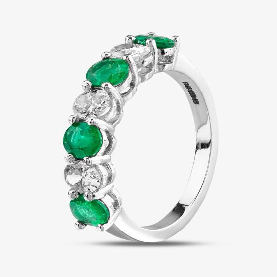 Second Hand 18ct White Gold 1.26ct Oval Emerald & 0.79ct Diamond Seven Stone Half Eternity Ring 4337081