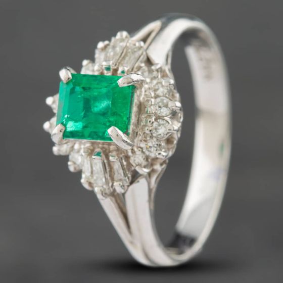 Second Hand Platinum 0.65ct Emerald & 0.27ct Baguette Cut Diamond Square Cluster Ring 43371005