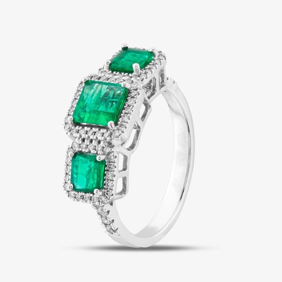 Second Hand 18ct White Gold Emerald & Brilliant Cut Diamond Triple Cluster Ring 43371030
