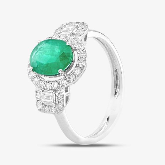 Second Hand 18ct White Gold Oval Cut Emerald & Diamond Cluster Ring 43371036