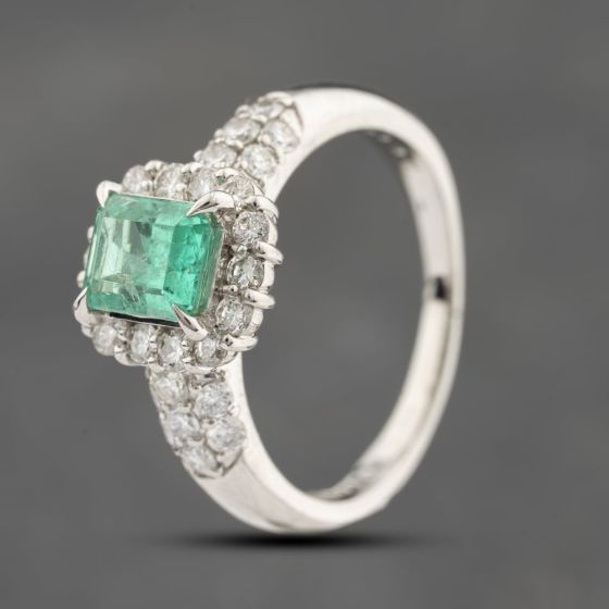 Second Hand Platinum 0.97ct Emerald Cut Emerald & 0.66ct Brilliant Cut Diamond Cluster Ring 43371054
