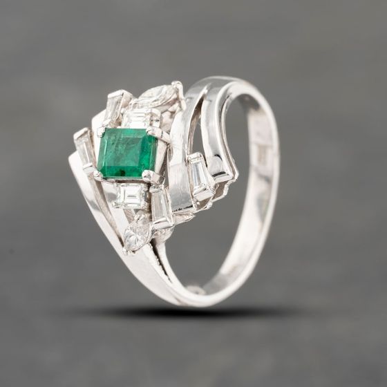 Second Hand Platinum 0.48ct Emerald & 0.49ct Diamond Cluster Ring 43371059