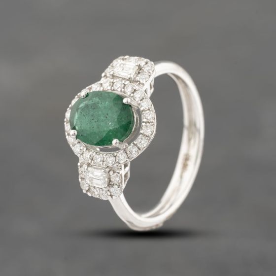 Second Hand 18ct White Gold Emerald & 0.58ct Diamond Oval Cluster Ring 43371060