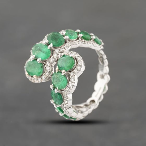 Second Hand 18ct White Gold Emerald & 0.56ct Brilliant Cut Diamond Graduated Multi-Cluster Crossover Dress Ring 43371061