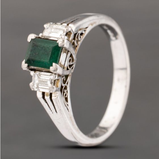 Second Hand Platinum 0.43ct Emerald & 0.38ct Baguette Cut Diamond Three Stone Ring 43371064