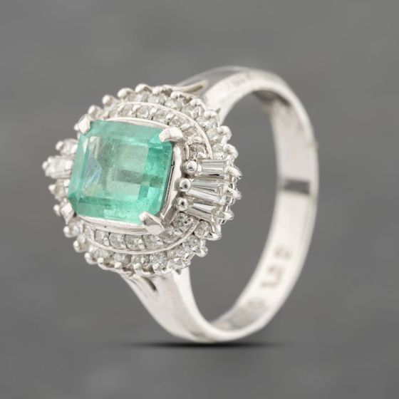 Second Hand Platinum 1.32ct Emerald & 0.50ct Diamond Rectangular Cluster Ring 43371068