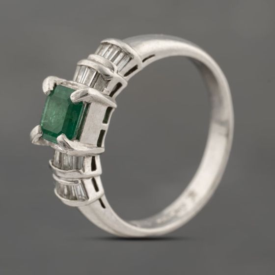 Second Hand Platinum 0.38ct Emerald & 0.23ct Baguette Cut Diamond Dress Ring 43371071