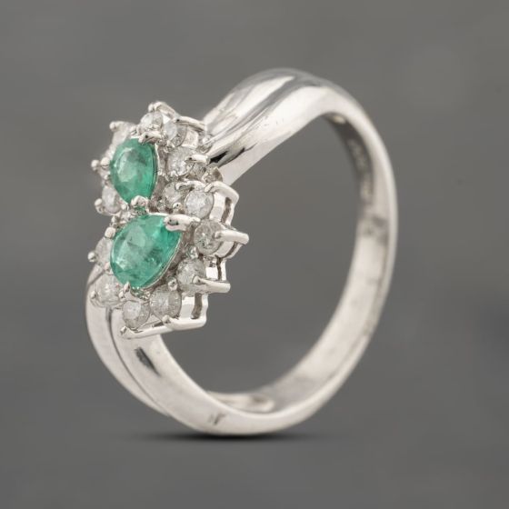 Second Hand Platinum 0.38ct Emerald & 0.32ct Brilliant Cut Diamond Pear Shape Double Cluster Ring 43371072