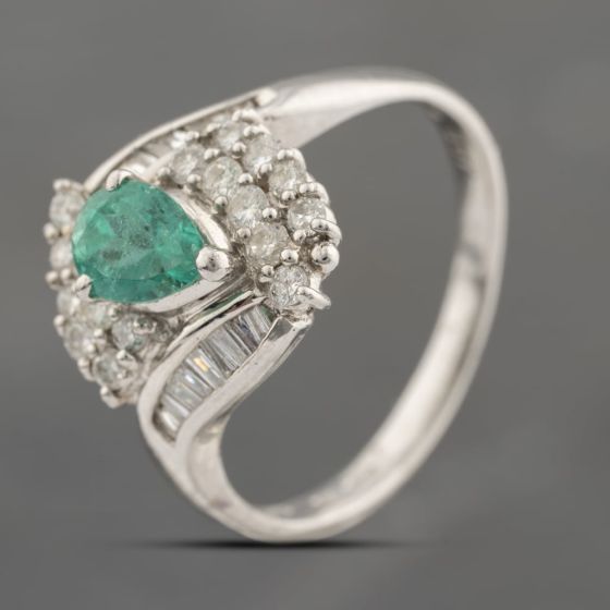 Second Hand Platinum 0.67ct Emerald & 0.45ct Diamond Cluster Ring 43371074