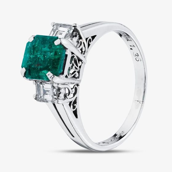 Second Hand Platinum 1.36ct Emerald & 0.50ct Emerald Cut Diamond Three Stone Ring 43371075