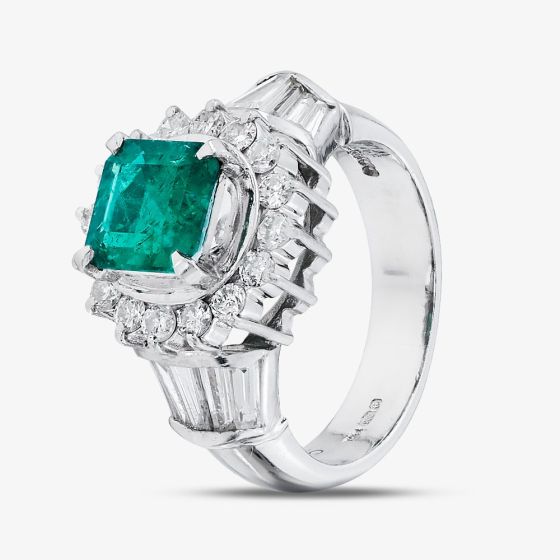 Second Hand Platinum 1.17ct Emerald & 0.97ct Diamond Cluster Ring 43371078