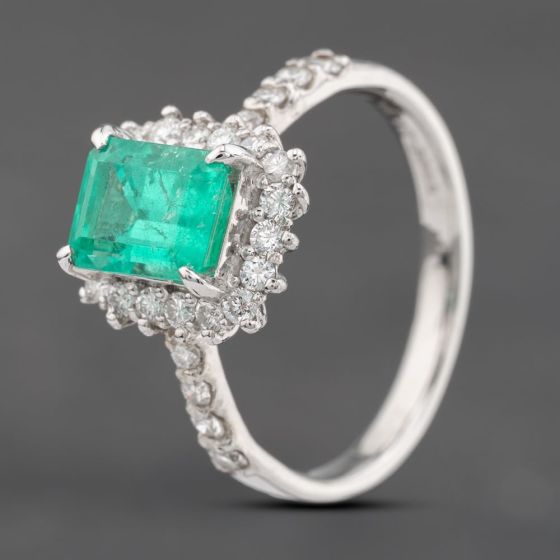 Second Hand Platinum 1.30ct Emerald & 0.45ct Brilliant Cut Diamond Cluster Ring 43371081