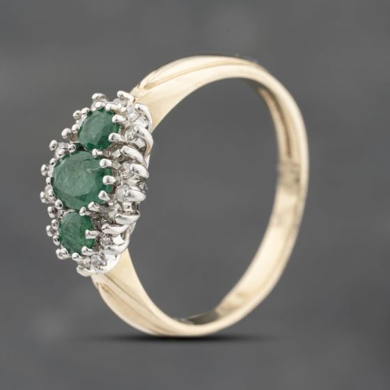 Second Hand 9ct Yellow Gold Emerald & 0.16ct Diamond Boat Shaped Cluster Ring 43371082