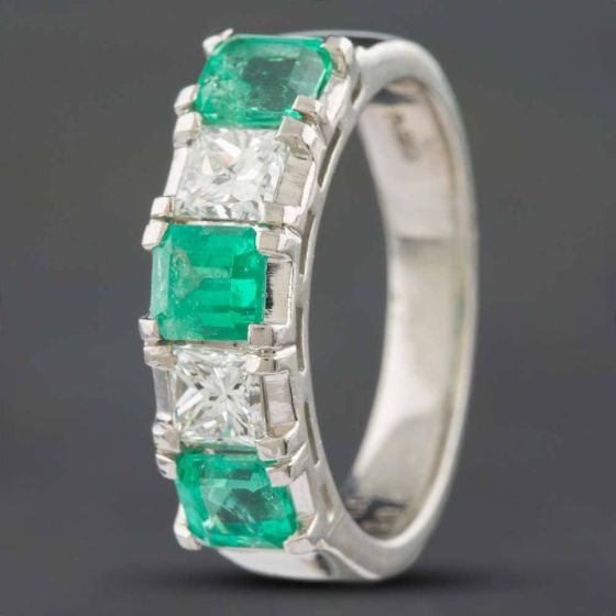 Second Hand Platinum 1.04ct Emerald & 0.60ct Princess Cut Diamond Five Stone Ring 433715754
