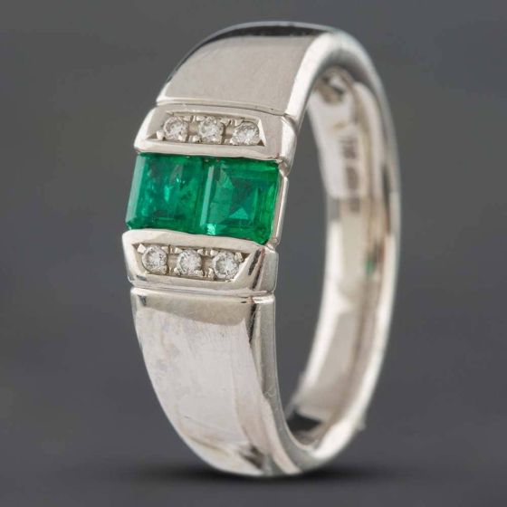 Second Hand Platinum 0.43ct Emerald & 0.04ct Brilliant Cut Diamond Two Row Dress Ring 433715759