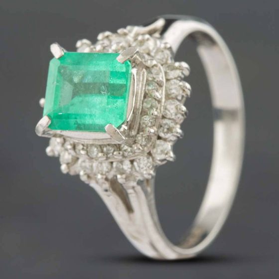 Second Hand Platinum 1.05ct Emerald & 0.35ct Brilliant Cut Diamond Cluster Ring 433715796